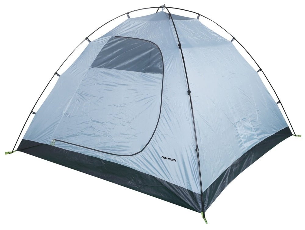 La tente de camping « Hannah - Arrant 4 » est une tente de camping bleue en forme de dôme pour 4 personnes, dotée d'une base noire et d'une entrée zippée, fabriquée en polyester résistant, et présentée sur un fond blanc. Poids total : 4,8 kg.