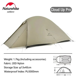 Tente double - parois de bivouac ultra - légère 2 personnes & autoportante à partir de 1,36kg "Naturehike - Cloud Up Pro" - Planète Rando