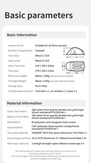 Tente double - parois de bivouac ultra - légère 2 personnes & autoportante à partir de 1,36kg "Naturehike - Cloud Up Pro" - Planète Rando