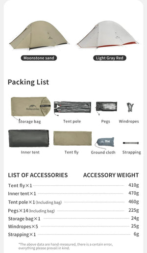 Tente double - parois de bivouac ultra - légère 2 personnes & autoportante à partir de 1,36kg "Naturehike - Cloud Up Pro" - Planète Rando