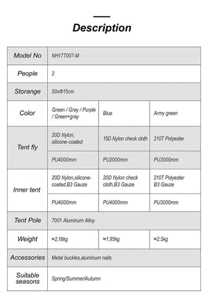 Tente double - parois pour la randonnée, le trekking, bivouac, voyage à vélo en bikepacking pour 2 personnes "Naturehike - Mongar 2" - Planète Rando