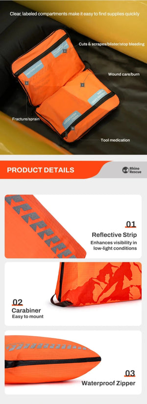 Trousse de premiers secours avec 38 configurations adapté au camping et voyage à partir de 580g "RHINO RESCUE - Outdoor Camping First Aid Kit" - Planète Rando