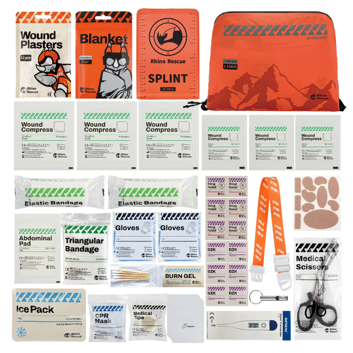 Trousse de premiers secours avec 38 configurations adapté au camping et voyage à partir de 580g "RHINO RESCUE - Outdoor Camping First Aid Kit" - Planète Rando