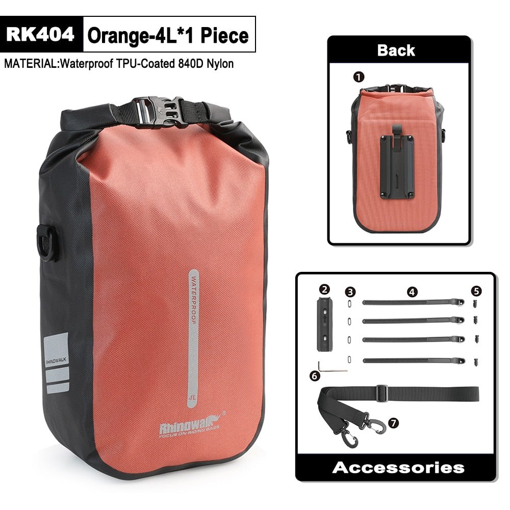 1 sacoche de fourche à dégagement rapide 100% imperméable 4L / 6L "Rhinowalk - RK404/406" - Orange / 4L | Planète Rando