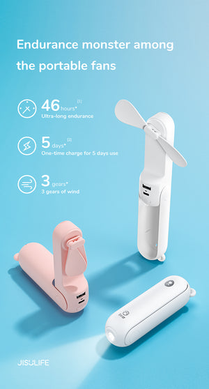 Mini-ventilateur sans-fil pliable avec chargeur USB et lampe de poche "JISULIFE – Bear F8 series" - | Planète Rando