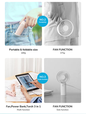Mini-ventilateur sans-fil pliable avec chargeur USB et lampe de poche "JISULIFE – Bear F8 series" - | Planète Rando