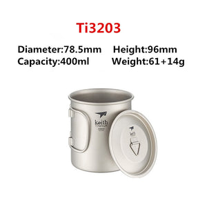 Tasse en titane ultralégère avec poignée pliante (à partir de 60g et 300ml) "Keith - cup" - 400ml | Planète Rando