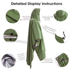 Un poncho de pluie extérieur en plastique vert avec mode d'emploi du "Poncho de pluie multifonctions 3 en 1 (tarp, auvent) Tomshoo - TLM181".