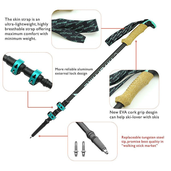 2 Bâtons De Trekking Pliables En Fibre De Carbone - Longueur 120 Cm, Ultralégers, Avec Système Anti-choc