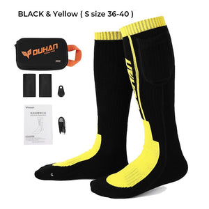Chaussettes chauffantes électriques avec télécommande et batterie rechargeable "Kemi moto - Smart control" - Noir - jaune / S | Planète Rando