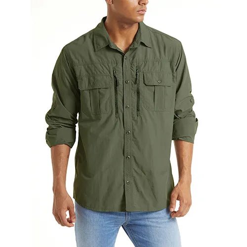 Chemise cargo en maille respirante avec poches zippées pour homme "TACVASEN - LSST085" - Vert foncé / S | Planète Rando