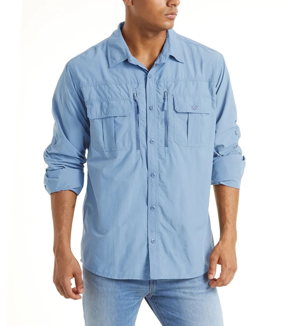 Chemise cargo en maille respirante avec poches zippées pour homme "TACVASEN - LSST085" - Bleu ciel / S | Planète Rando
