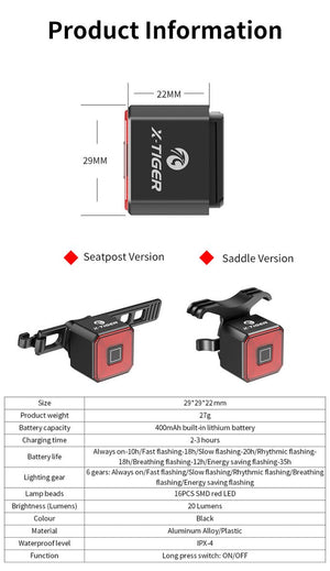 Éclairage arrière de vélo avec rechargement LED intelligent & capteur automatique IP65 "X-Tiger - WD-0201" - | Planète Rando