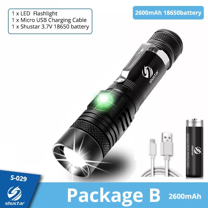 Lampe de poche LED zoomable USB IP65 "Shustar - V6 2000 lumens" - Package B-2600mAh / V6-Brightest | Planète Rando