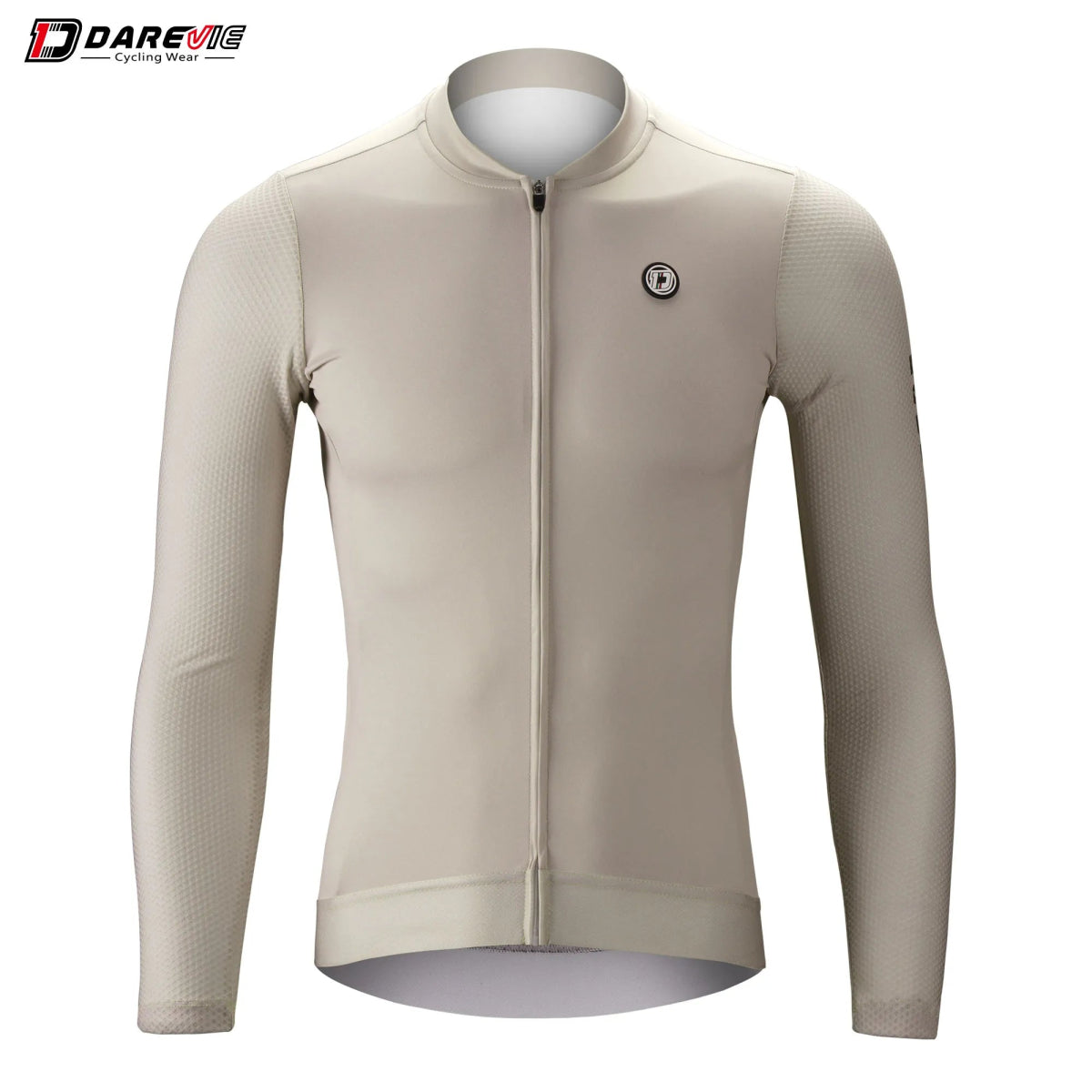 Le maillot de cyclisme unisexe à manches longues blanc DAREVIE "DVJ187" est doté d'une protection UV-SPF30+/SPF50+, d'une fermeture éclair sur le devant, de logos discrets, d'un tissu respirant et de manches en maille 3D pour plus de confort. Montré sur un fond uni.