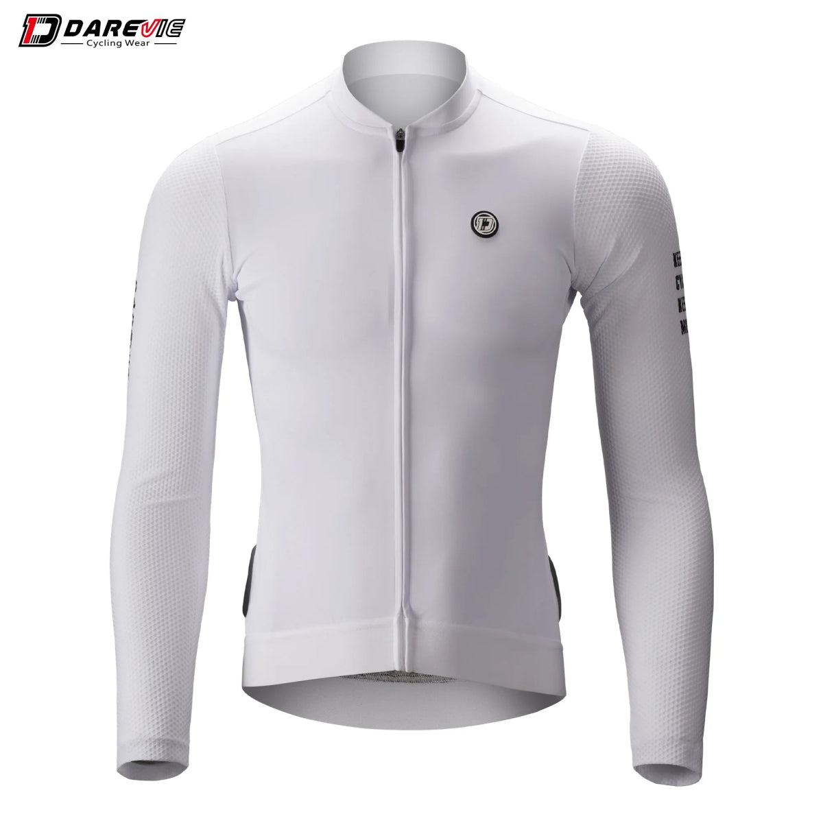 Le maillot de cyclisme unisexe à manches longues blanc DAREVIE "DVJ187" est doté d'une protection UV-SPF30+/SPF50+, d'une fermeture éclair sur le devant, de logos discrets, d'un tissu respirant et de manches en maille 3D pour plus de confort. Montré sur un fond uni.