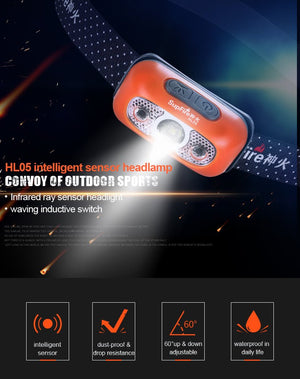 Mini-lampe frontale puissante à LED et rechargeable par USB avec capteur de mouvement "Superfire - HL05 series" - | Planète Rando