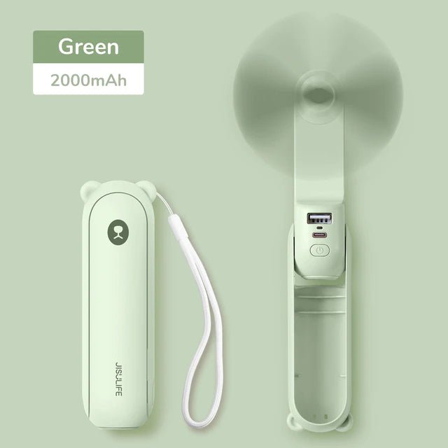Mini-ventilateur sans-fil pliable avec chargeur USB et lampe de poche "JISULIFE – Bear F8 series" - Vert / 2000mAh | Planète Rando