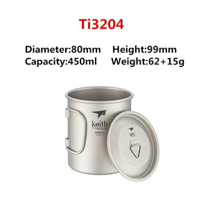 Tasse en titane ultralégère avec poignée pliante (à partir de 60g et 300ml) "Keith - cup" - 450ml | Planète Rando
