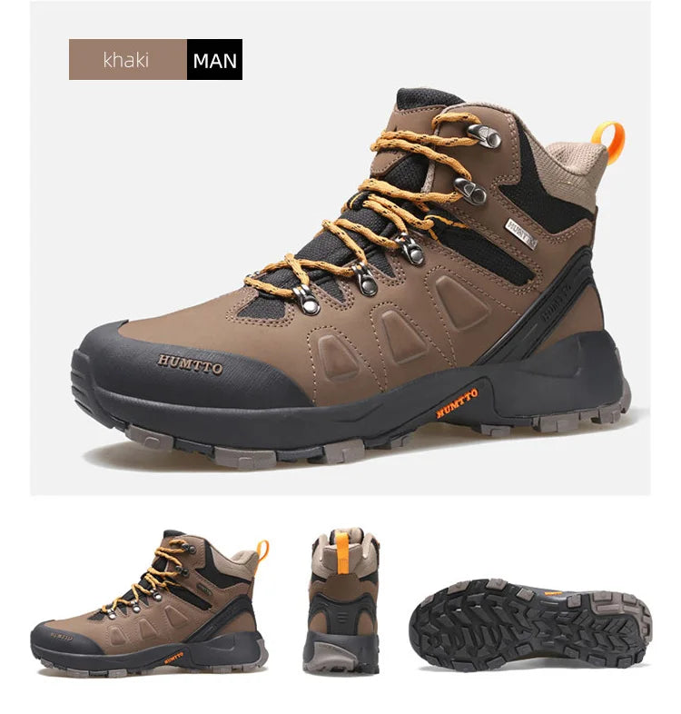 Les chaussures de randonnée montantes pour hommes Humtto "HUMTTO - HT-220463A" sont dotées d'une tige résistante aux éclaboussures et d'une semelle robuste avec des accents orange, soulignant leur design et leur protection imperméable.