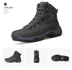 Les "HUMTTO - 230914A" sont des bottines d'alpinisme pour homme avec semelle grise, œillets métalliques, cuir véritable et logo "HUMTTO" orange, offrant une protection 100% imperméable pour la randonnée.