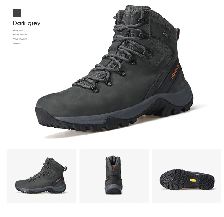 Les "HUMTTO - 230914A" sont des bottines d'alpinisme pour homme avec semelle grise, œillets métalliques, cuir véritable et logo "HUMTTO" orange, offrant une protection 100% imperméable pour la randonnée.