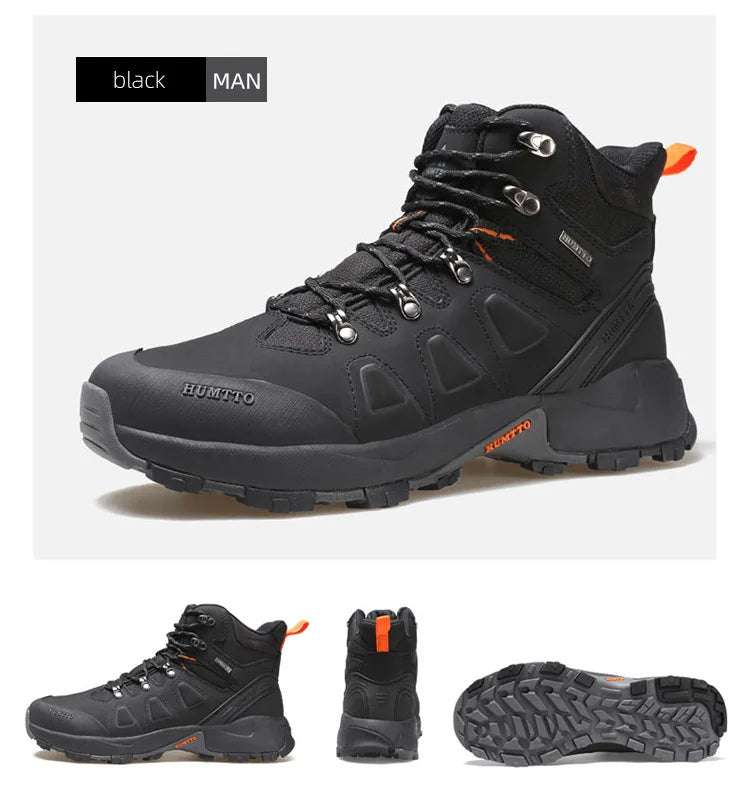Les chaussures de randonnée montantes pour hommes Humtto "HUMTTO - HT-220463A" sont dotées d'une tige résistante aux éclaboussures et d'une semelle robuste avec des accents orange, soulignant leur design et leur protection imperméable.