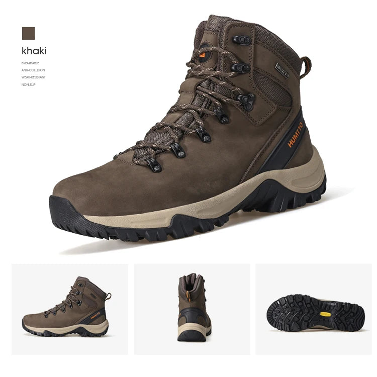 Les "HUMTTO - 230914A" sont des bottines d'alpinisme pour homme avec semelle grise, œillets métalliques, cuir véritable et logo "HUMTTO" orange, offrant une protection 100% imperméable pour la randonnée.