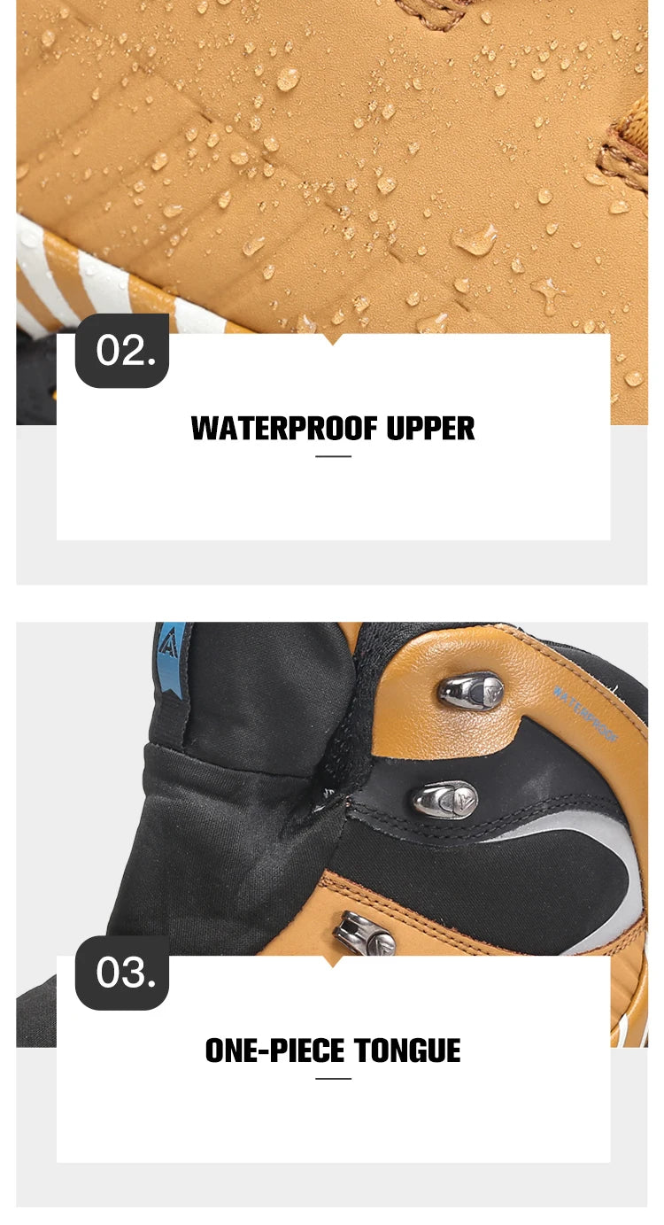 Bottines d'expédition pour homme Humtto "HT-240662A" noires et bleues, 100% imperméables, semelle renforcée et antidérapante. L'encart montre l'eau qui s'écoule. Idéales pour aventures outdoor, gardent vos pieds au sec et stables.