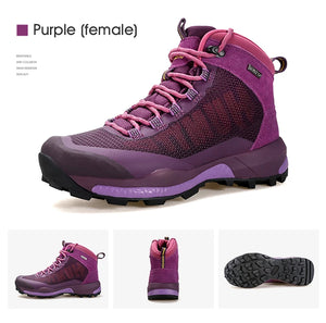 La chaussure de randonnée pour femmes Humtto "HUMTTO - HT-230078B" présente une tige en maille violette et rose, des lacets, un support pour la cheville, une semelle texturée et une protection contre les éclaboussures, le tout sur fond blanc.