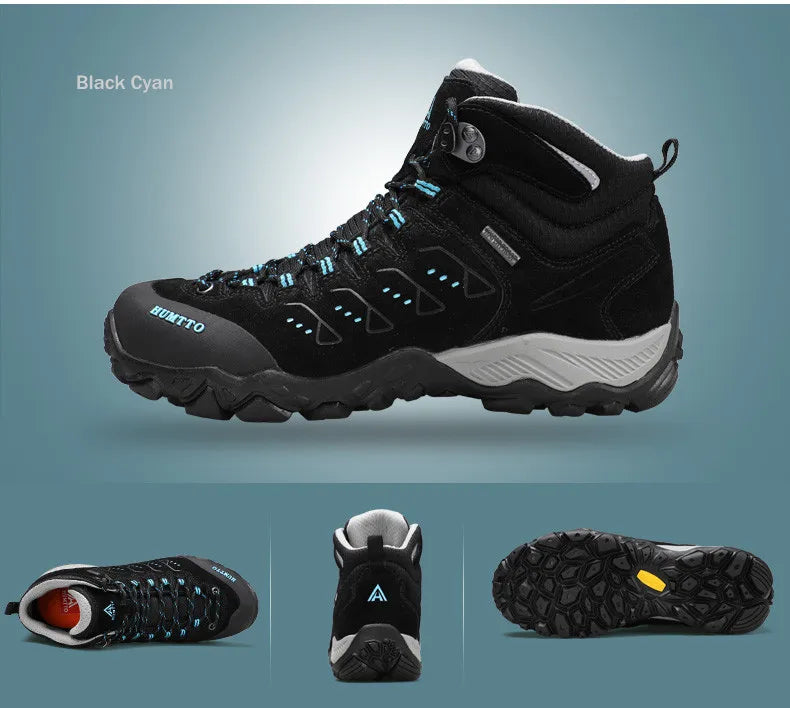 Les HUMTTO - HT-290027B mid-top randonnée bottines pour femme, en gris et noir avec accents roses, sont présentées en angle sur fond blanc. Elles offrent une protection splash-proof et une semelle antidérapante pour plus d'adhérence.