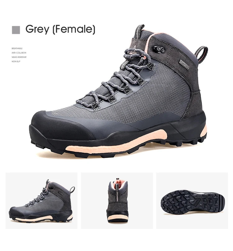 La chaussure de randonnée pour femmes Humtto "HUMTTO - HT-230078B" présente une tige en maille violette et rose, des lacets, un support pour la cheville, une semelle texturée et une protection contre les éclaboussures, le tout sur fond blanc.