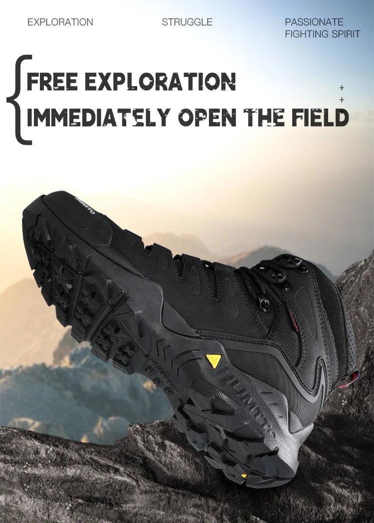 A single Humtto Chaussure de randonnée high-top "HT-250290A", vert et noir, en cuir véritable, avec lacets noirs et semelle antidérapante splash-proof, est présentée en vue latérale.