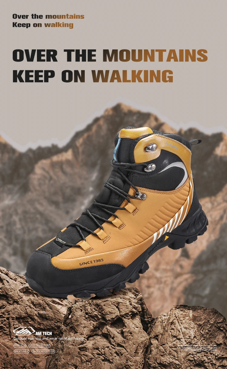 Bottines d'expédition pour homme Humtto "HT-240662A" noires et bleues, 100% imperméables, semelle renforcée et antidérapante. L'encart montre l'eau qui s'écoule. Idéales pour aventures outdoor, gardent vos pieds au sec et stables.