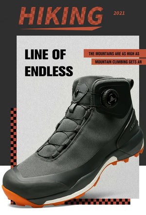 Les chaussures de randonnée Humtto HT-220838A pour hommes sont dotées d'une protection contre les éclaboussures, d'un système de laçage à cadran, d'un design gris et noir avec une bande de roulement orange, de logos visibles, et sont des chaussures de randonnée parfaites pour les sentiers accidentés.