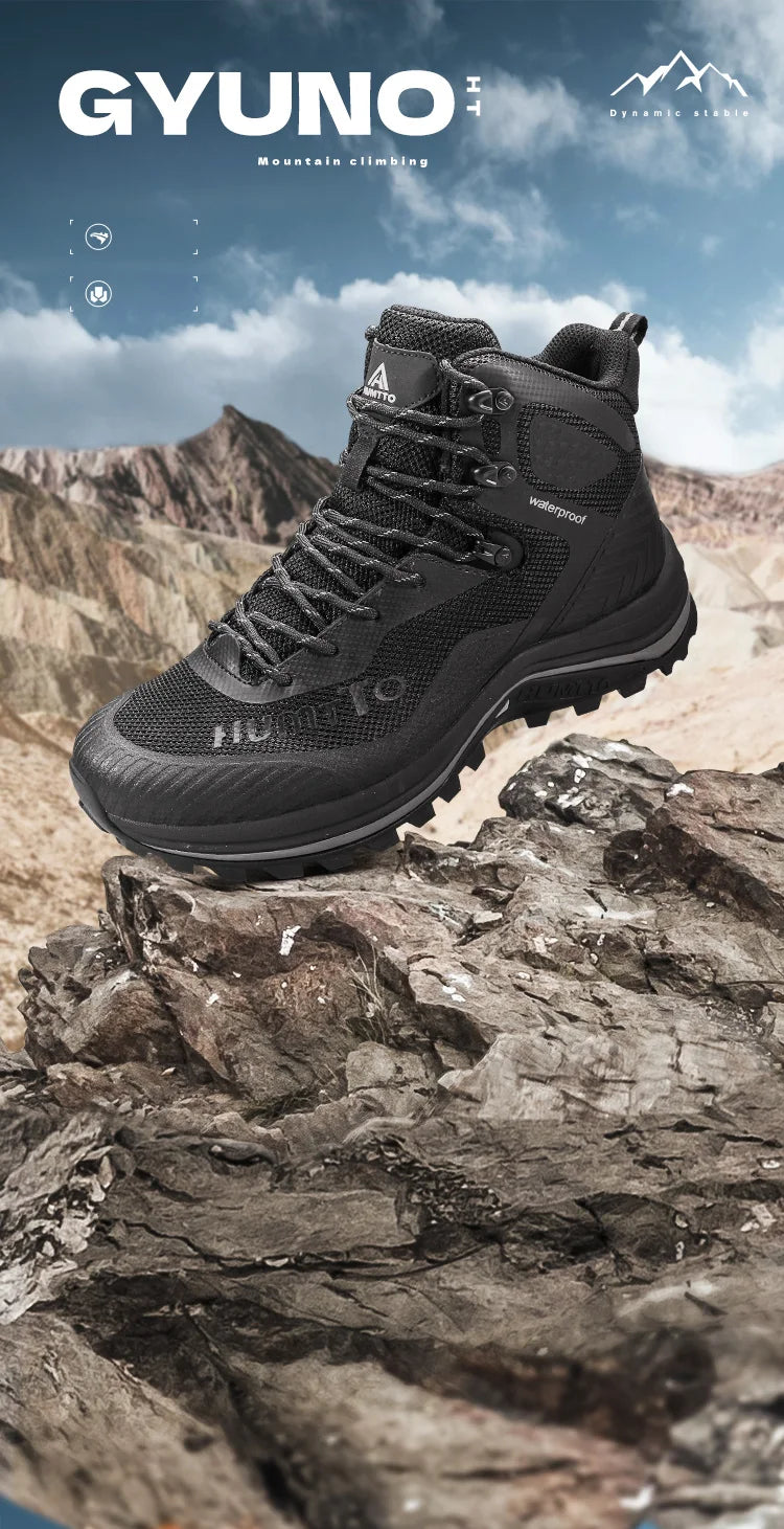 Les chaussures de randonnée Humtto "HT-250460B" pour femmes sont dotées de la technologie Static Waterproof, d'un design gris/rose, d'une semelle robuste, d'un lacet à l'avant et d'un support pour la cheville. Imperméables et respirantes. Affichées sur un fond blanc.