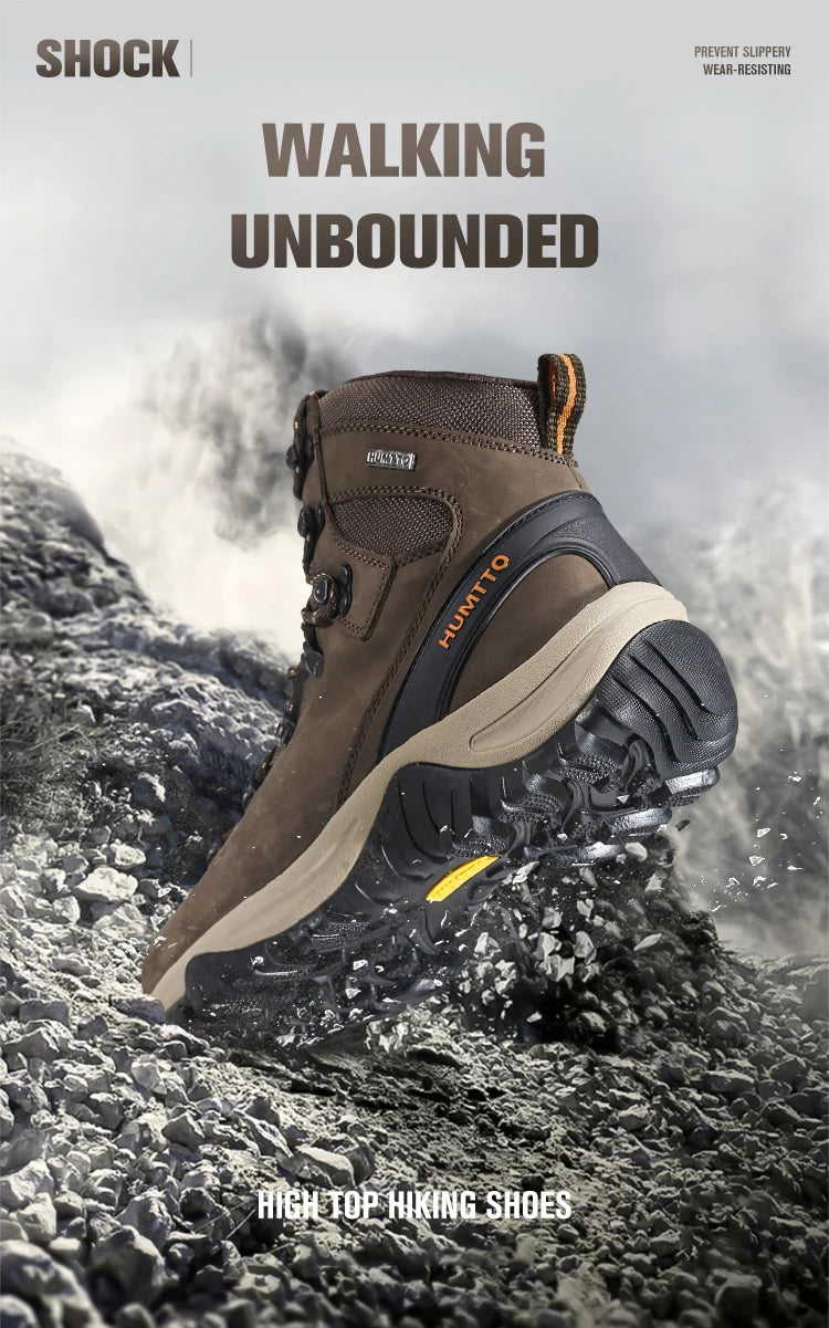 Les "HUMTTO - 230914A" sont des bottines d'alpinisme pour homme avec semelle grise, œillets métalliques, cuir véritable et logo "HUMTTO" orange, offrant une protection 100% imperméable pour la randonnée.