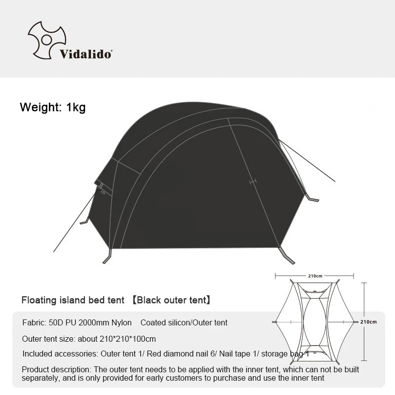 Deux tentes flottantes Vidalido pour une personne, avec moustiquaire et double paroi, sont installées sur l'herbe dans une zone boisée. Elles offrent un confort et une durabilité idéaux pour les aventures en plein air pendant trois saisons.
