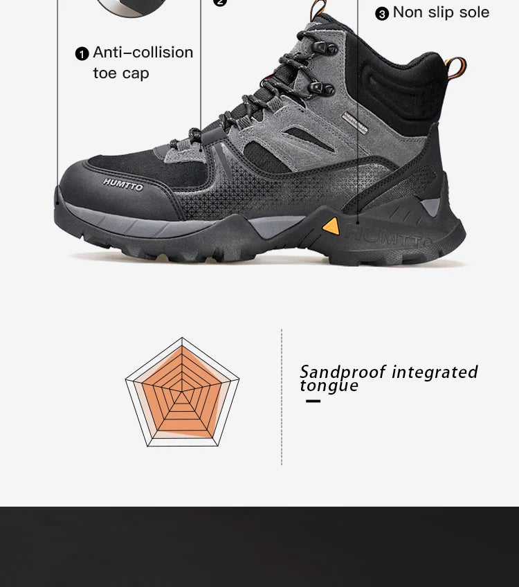 Les bottines tactiques 100% imperméables Humtto - HT-240760A pour homme, marron et noires, avec semelle robuste, tige en mesh et suède, et fermeture à lacets, sont idéales pour ceux recherchant des chaussures imperméables.