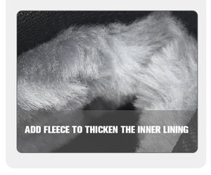 La HUMTTO - HT-240217C est une chaussure de randonnée mid-top noire pour homme avec cuir de vache durable, doublure polaire, technologie Static Waterproof, semelle épaisse, côtés texturés et système de laçage à molette, présentée sur un fond blanc.