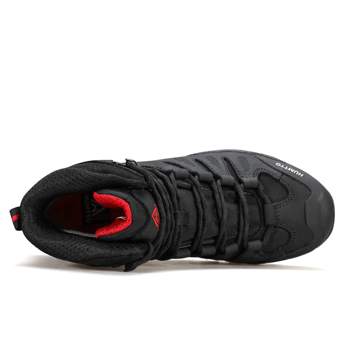 A single Humtto Chaussure de randonnée high-top "HT-250290A", vert et noir, en cuir véritable, avec lacets noirs et semelle antidérapante splash-proof, est présentée en vue latérale.