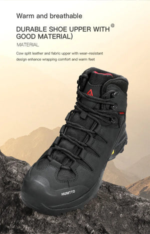 A single Humtto Chaussure de randonnée high-top "HT-250290A", vert et noir, en cuir véritable, avec lacets noirs et semelle antidérapante splash-proof, est présentée en vue latérale.