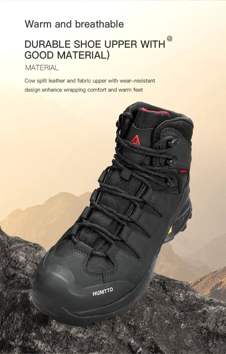 A single Humtto Chaussure de randonnée high-top "HT-250290A", vert et noir, en cuir véritable, avec lacets noirs et semelle antidérapante splash-proof, est présentée en vue latérale.