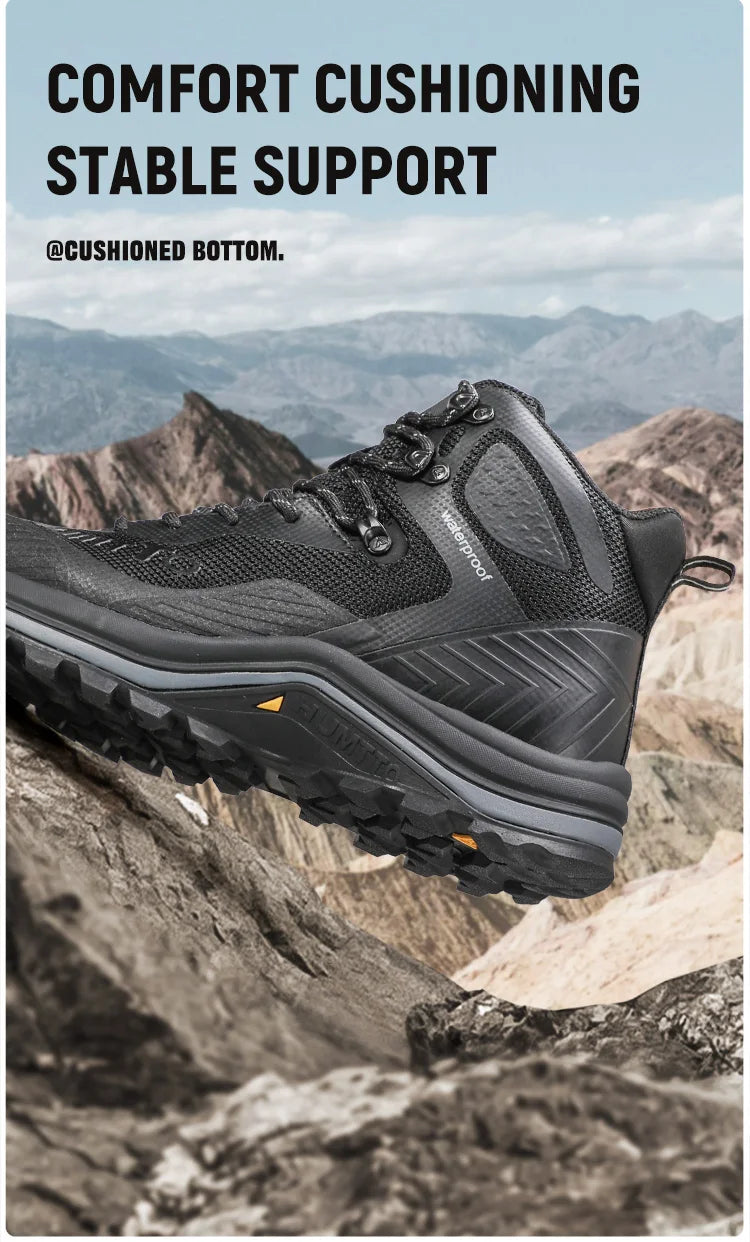 Les chaussures de randonnée Humtto "HT-250460B" pour femmes sont dotées de la technologie Static Waterproof, d'un design gris/rose, d'une semelle robuste, d'un lacet à l'avant et d'un support pour la cheville. Imperméables et respirantes. Affichées sur un fond blanc.