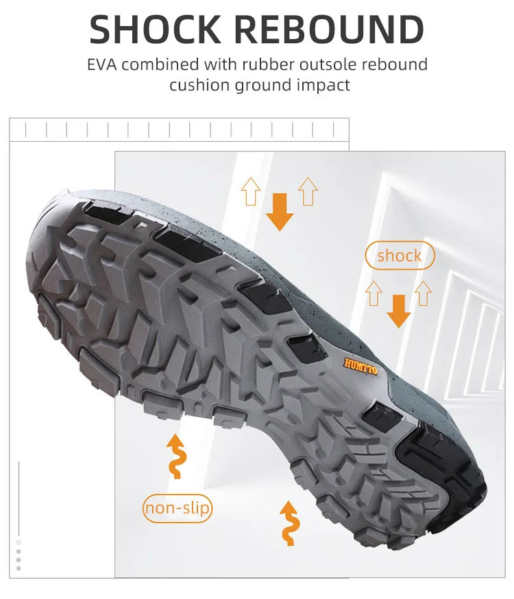 Les chaussures de randonnée montantes pour hommes Humtto "HUMTTO - HT-220463A" sont dotées d'une tige résistante aux éclaboussures et d'une semelle robuste avec des accents orange, soulignant leur design et leur protection imperméable.