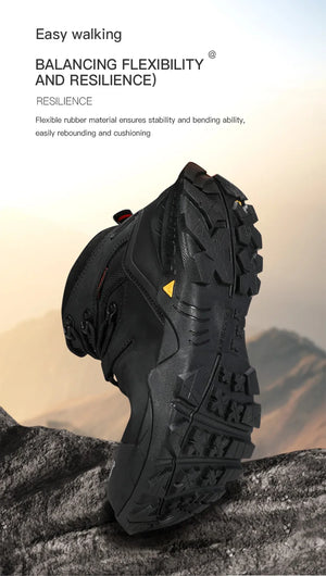 A single Humtto Chaussure de randonnée high-top "HT-250290A", vert et noir, en cuir véritable, avec lacets noirs et semelle antidérapante splash-proof, est présentée en vue latérale.