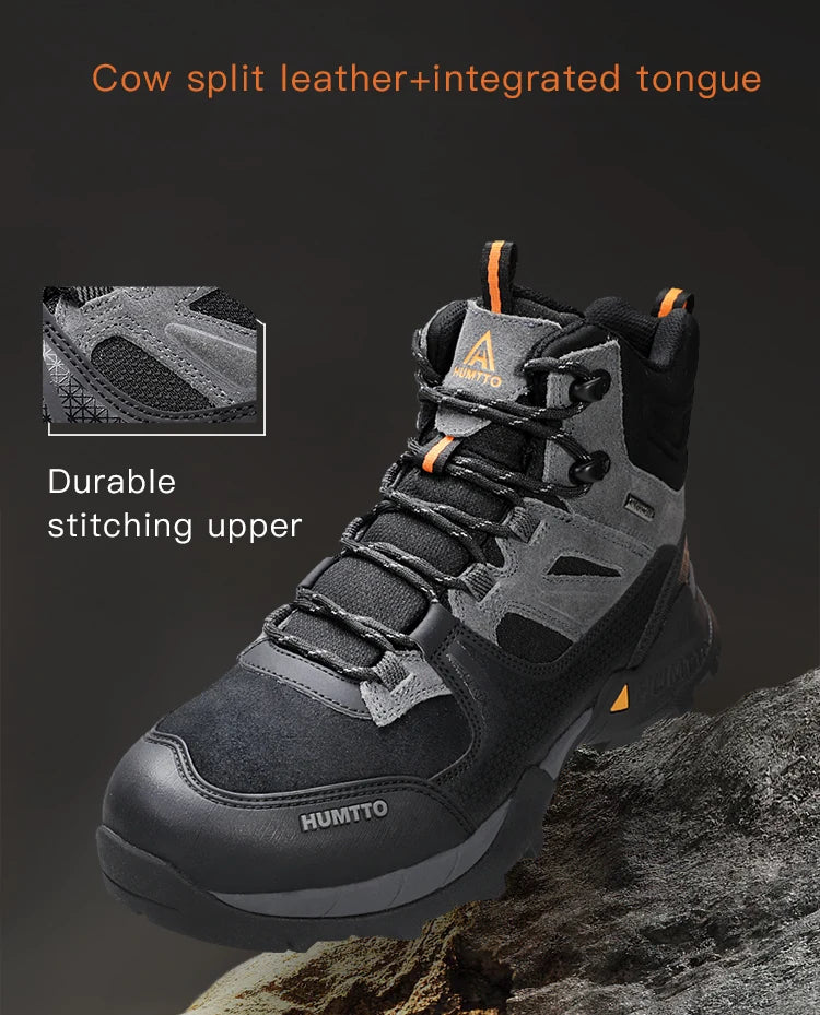 Les bottines tactiques 100% imperméables Humtto - HT-240760A pour homme, marron et noires, avec semelle robuste, tige en mesh et suède, et fermeture à lacets, sont idéales pour ceux recherchant des chaussures imperméables.