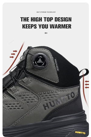 La HUMTTO - HT-240217C est une chaussure de randonnée mid-top noire pour homme avec cuir de vache durable, doublure polaire, technologie Static Waterproof, semelle épaisse, côtés texturés et système de laçage à molette, présentée sur un fond blanc.
