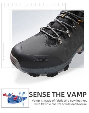 Les chaussures de randonnée montantes pour hommes Humtto "HUMTTO - HT-220463A" sont dotées d'une tige résistante aux éclaboussures et d'une semelle robuste avec des accents orange, soulignant leur design et leur protection imperméable.