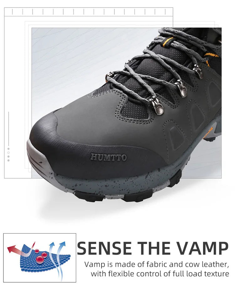 Les chaussures de randonnée montantes pour hommes Humtto "HUMTTO - HT-220463A" sont dotées d'une tige résistante aux éclaboussures et d'une semelle robuste avec des accents orange, soulignant leur design et leur protection imperméable.